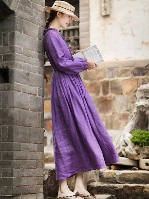 Vestido de lino con cuello de encaje de color puro y estilo artístico para mujer