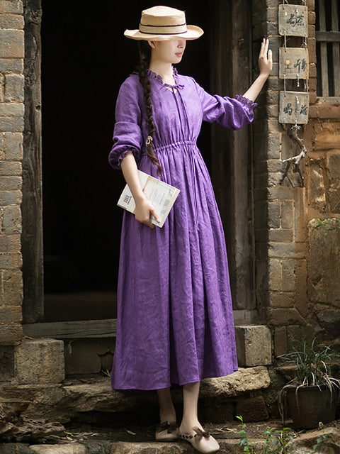 Vestido de lino con cuello de encaje de color puro y estilo artístico para mujer