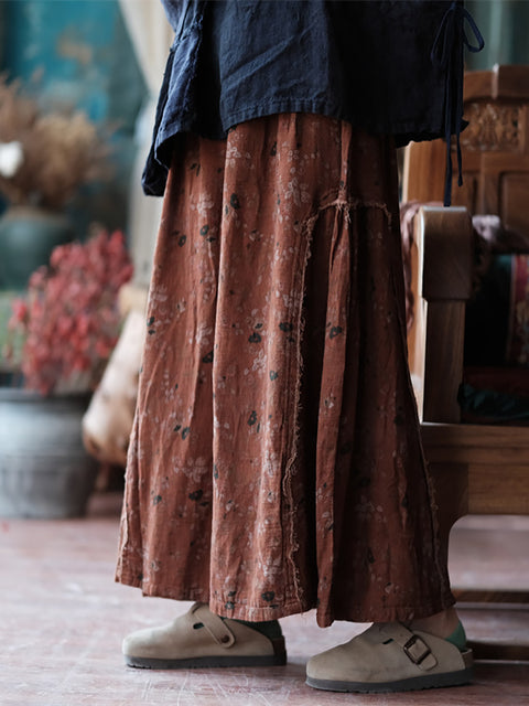 Women Spring Retro Floral Cotton Spliced Skirt