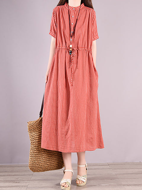 Women Summer Artsy Stripe Strand Collar Linen Dress