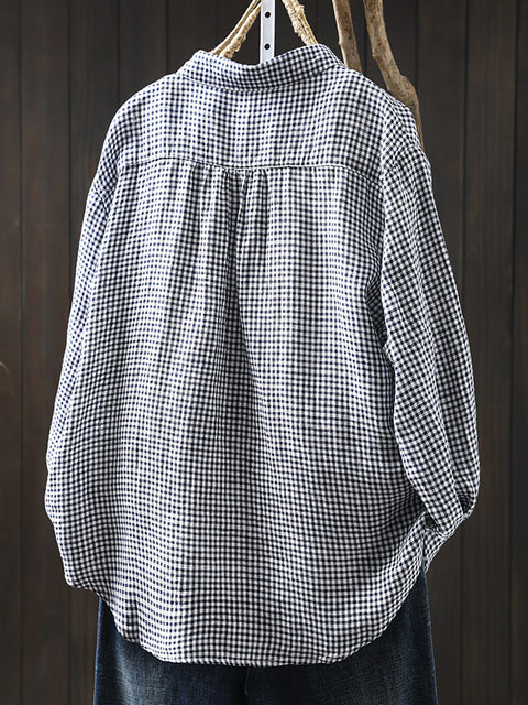 Women Artsy Lattice 100%Linen Turn-down Collar Shirt