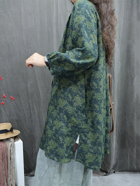 Women Spring Vintage Flower Lace Collar 100%Linen Shirt