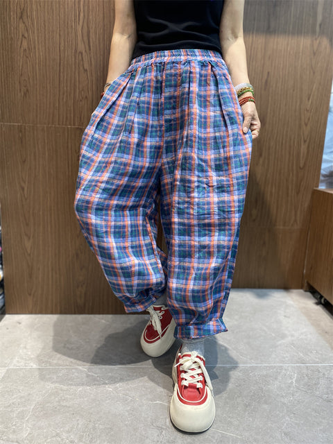 Women Vinage Spring Plaid Loose Harem Pants