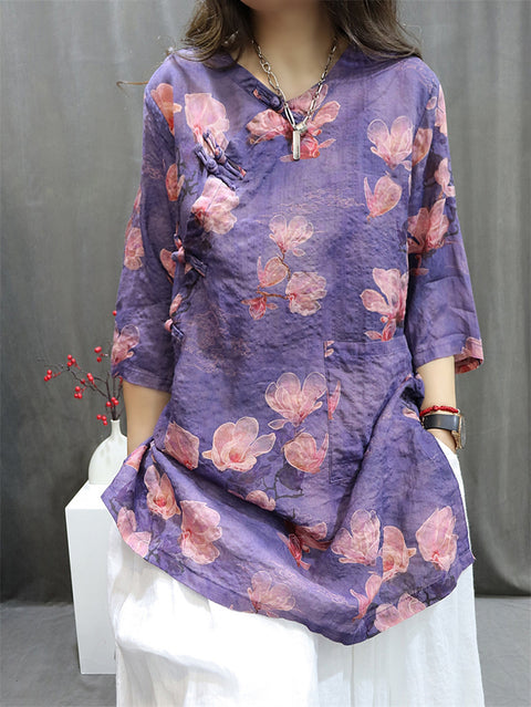 Camisa vintage de mujer con escote en V 100 % ramio de primavera