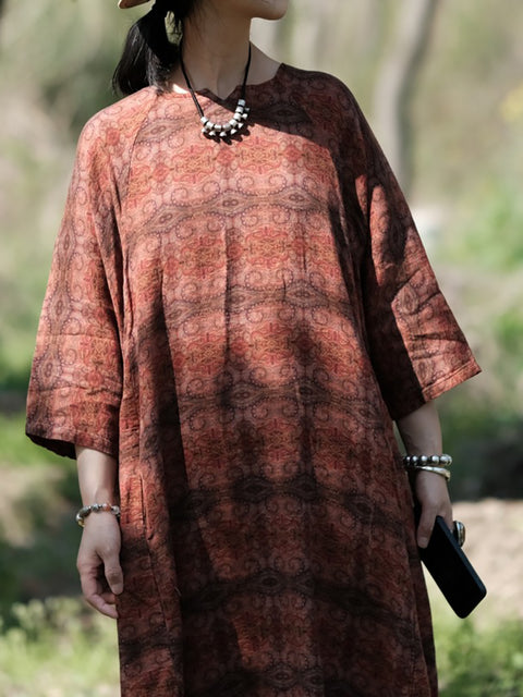 Vestido de algodón con escote en V y estampado de flores y rayas étnicas para mujer