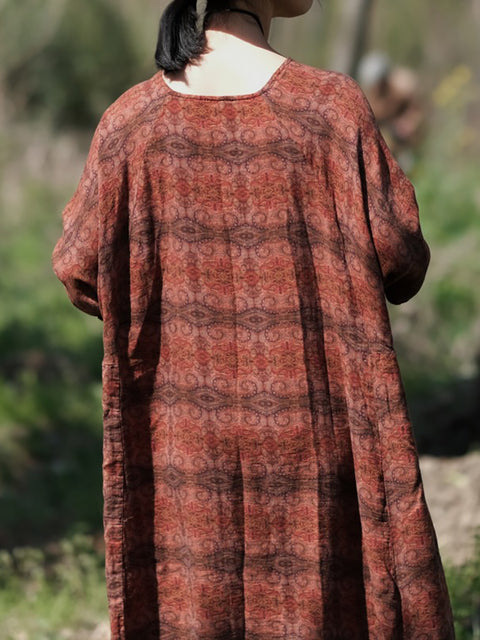 Vestido de algodón con escote en V y estampado de flores y rayas étnicas para mujer