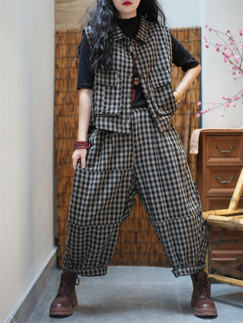 Women Spring Vintage Plaid Loose Suits