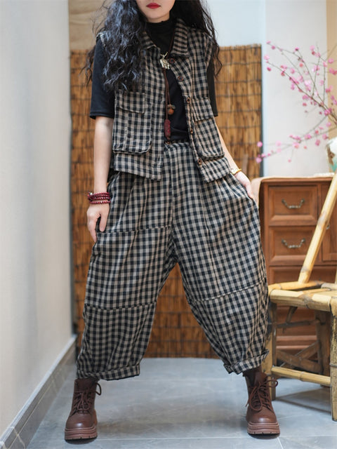 Women Spring Vintage Plaid Loose Suits