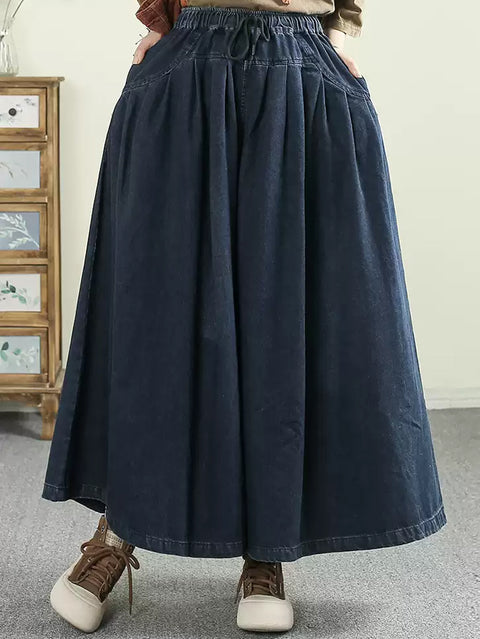 Women Spring Casual Pure Color Denim Wide-leg Pants