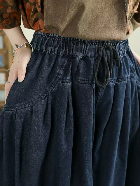 Women Spring Casual Pure Color Denim Wide-leg Pants