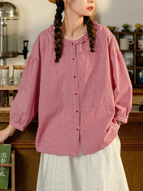 Camisa de verano para mujer, 100 % algodón, con cuello de encaje enrejado