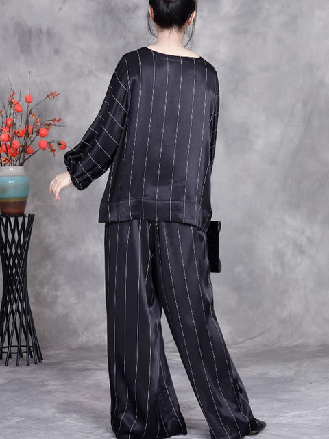 Women Spring Casual Stripe V-Neck Loose Suits