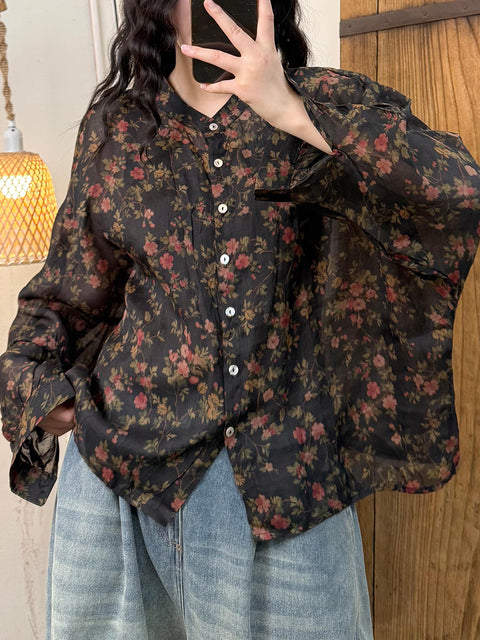 Camisa vintage de mujer con cuello alto y flores 100 % ramio de primavera