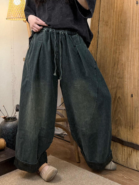 Women Spring Retro Washed Denim Wide-leg Pants