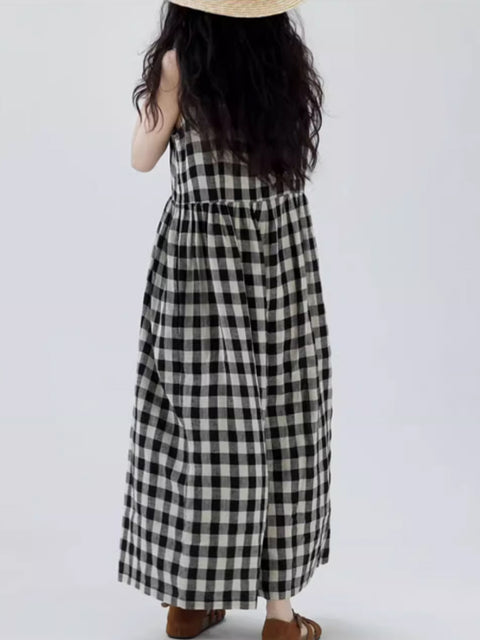 Women Summer Vintage Plaid Loose Wide-leg Jumpsuits