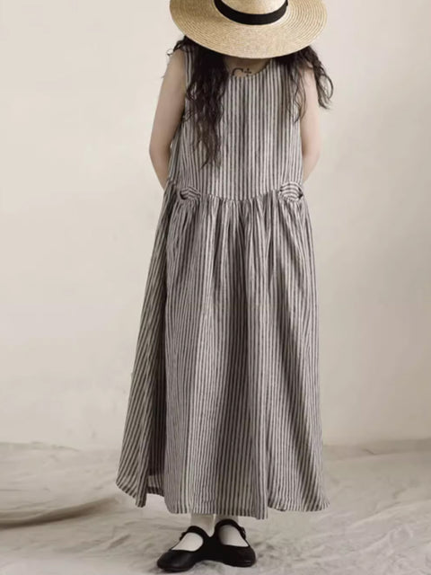 Vestido tipo chaleco de lino 100 % con rayas artísticas para mujer de primavera