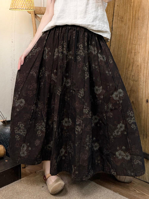 Women Spring Retro Flower Loose Cotton Skirt