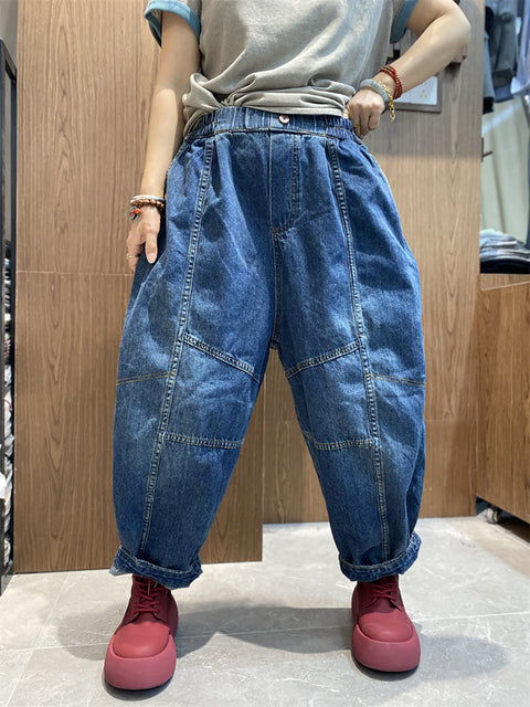 Women Vinage Pure Color Denim Spliced Harem Pants