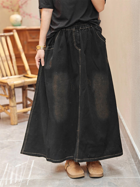 Women Spring Retro Washed Denim A-Shape Skirt