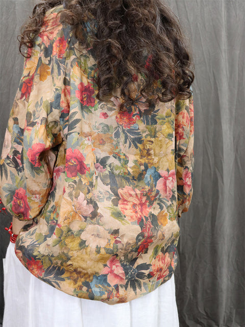 Camisa de mujer de 100 % ramio con cuello de encaje y flores Artsy