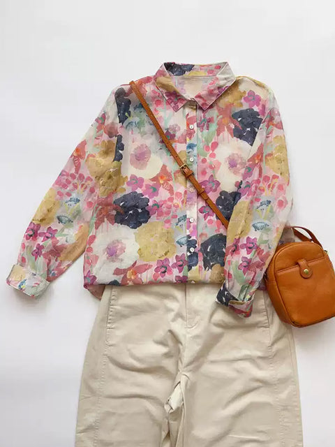 Women Spring Flower Turn-down Collar 100%Ramie Shirt