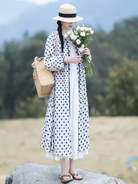 Women Artsy Spring Dot Lace Collar Linen Loose Dress