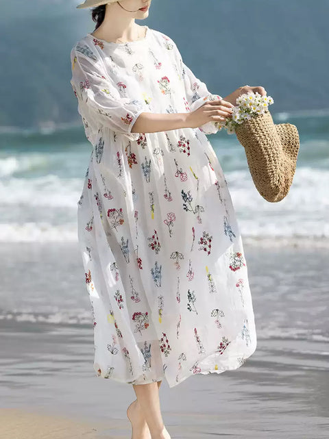 Women Artsy Summer Flower Embroidery 100%Ramie Dress