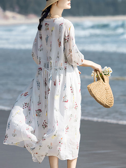 Vestido de mujer con bordado de flores primaverales 100 % ramio