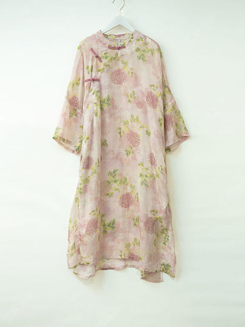 Vestido de mujer de primavera con cuello alto y estampado floral 100 % ramio