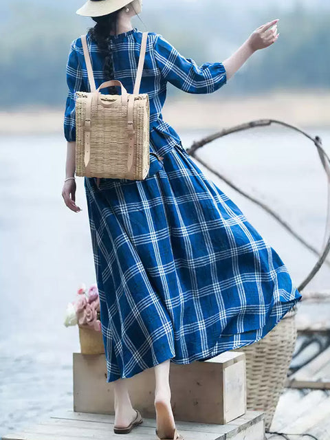 Women Summer Vintage Plaid 100%Linen Loose Suits