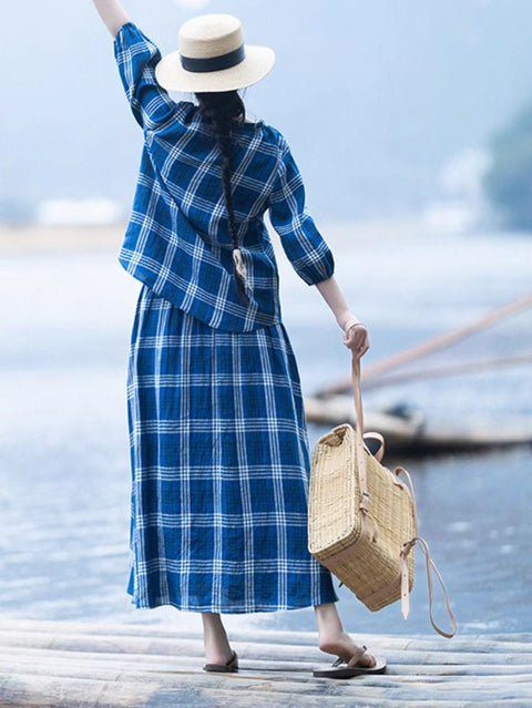 Trajes holgados de lino 100 % a cuadros vintage de verano para mujer