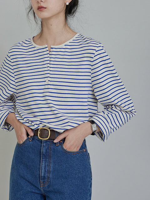 Camisa de algodón con cuello redondo y rayas de primavera para mujer