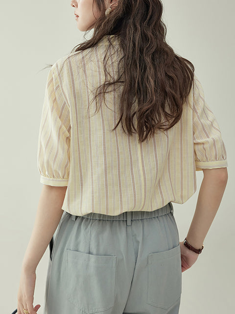 Camisa de algodón con cuello redondo y rayas de verano para mujer