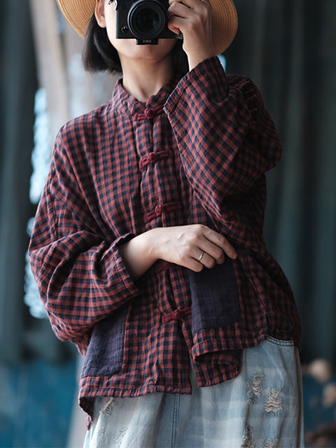 Camisa de algodón con cuello alto y diseño de cuadros retro con bloques de colores para mujer