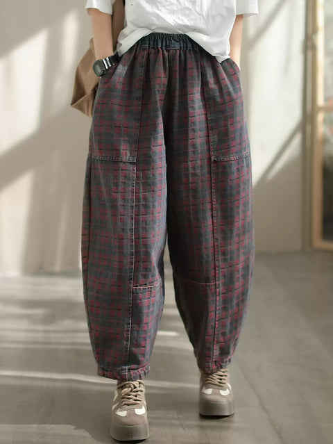 Pantalones harén de mezclilla a cuadros retro de primavera para mujer