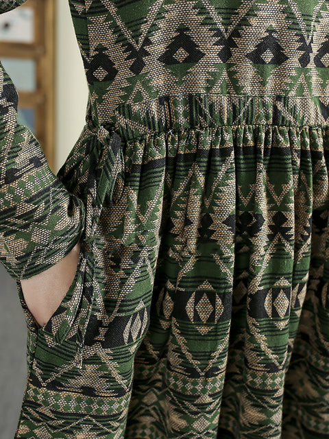 Vestido largo de algodón con cuello redondo y estampado étnico para mujer de primavera