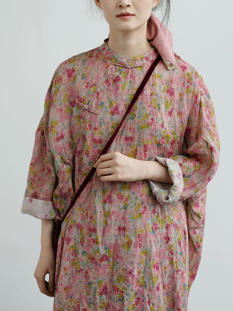 Vestido de mujer de primavera con cuello alto y estampado étnico, 100 % ramio, con flores