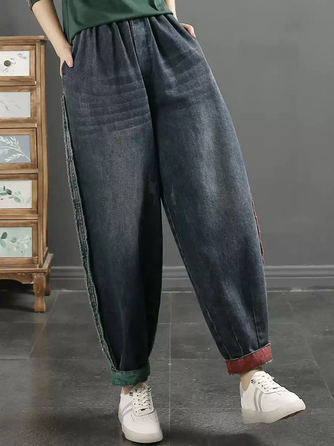 Pantalones harén de mezclilla con bordes sin rematar de estilo retro para mujer