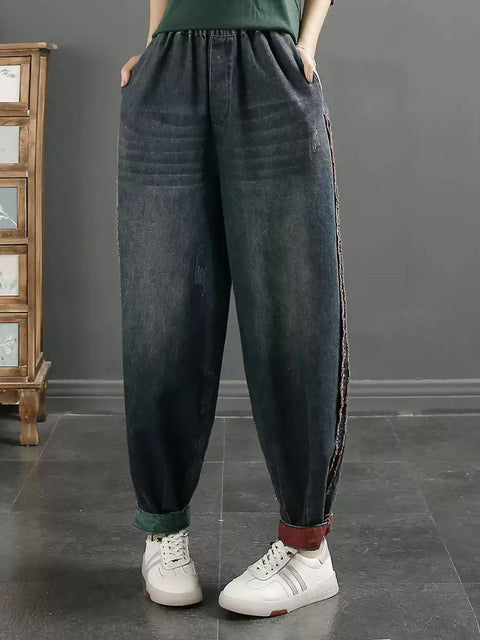 Pantalones harén de mezclilla con bordes sin rematar de estilo retro para mujer