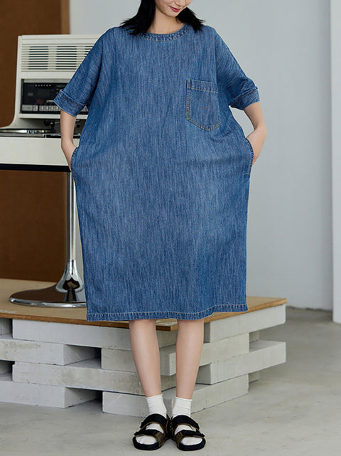 Women Summer Casual Pure Color Denim Dress