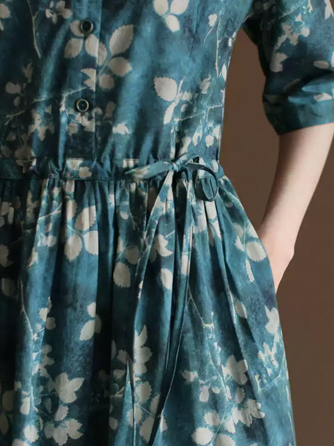 Vestido de mujer con cuello de muñeca de algodón 100 % con flores artísticas de primavera