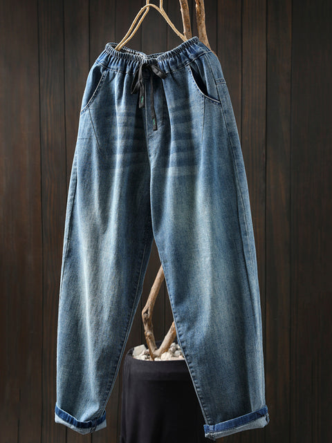 Women Spring Casual Pure Color Denim Harem Pants