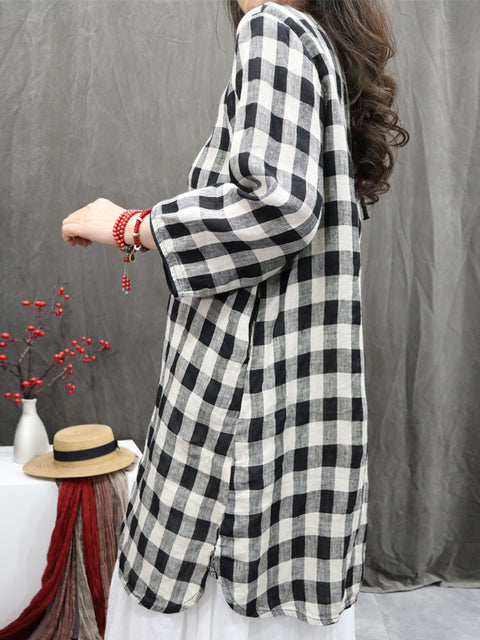 Women Vintage Plaid O-Neck 100%Linen Long Shirt