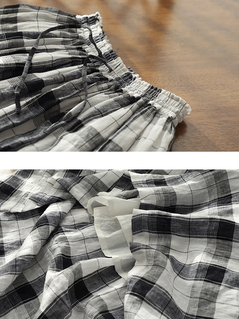 Women Summer Retro Plaid Loose 100%Linen Skirt