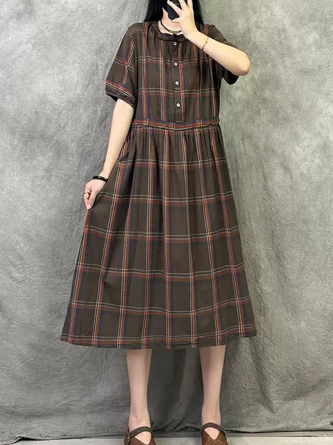 Women Summer Retro Plaid Cotton Loose Dress