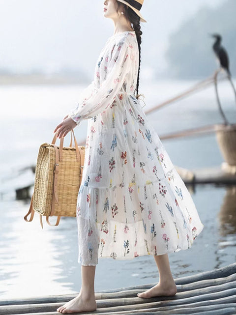 Vestido de verano para mujer, con cuello redondo y bordado de flores, 100 % ramio