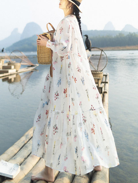 Vestido de verano para mujer, con cuello redondo y bordado de flores, 100 % ramio