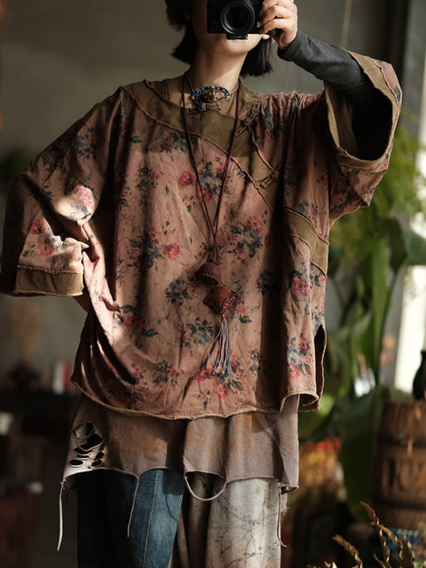 Camisa de algodón con cuello redondo y estampado floral vintage para mujer