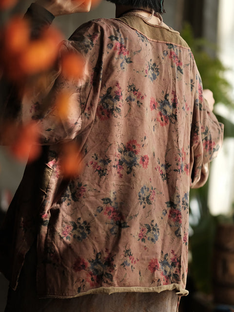 Camisa de algodón con cuello redondo y estampado floral vintage para mujer