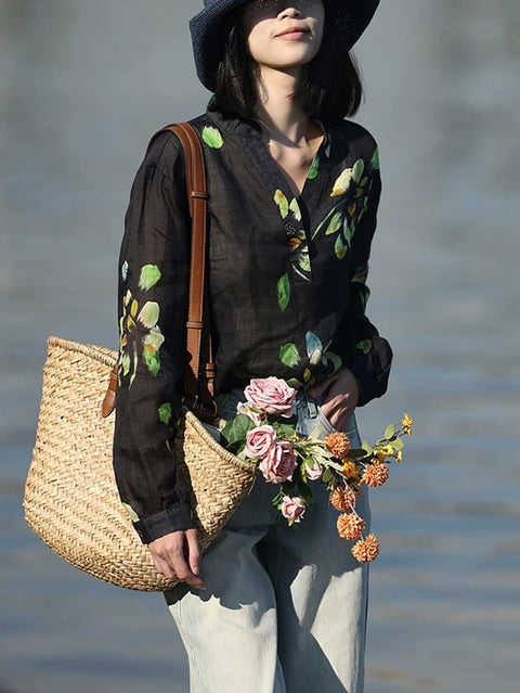 Camisa de mujer de primavera con escote en V y flores artísticas 100 % ramio